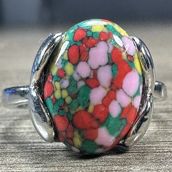 Estate Jewelry - 925 Sterling Silver Green Pink Red Mixed Stone Ring Smooth Oval Artistic Sz 8